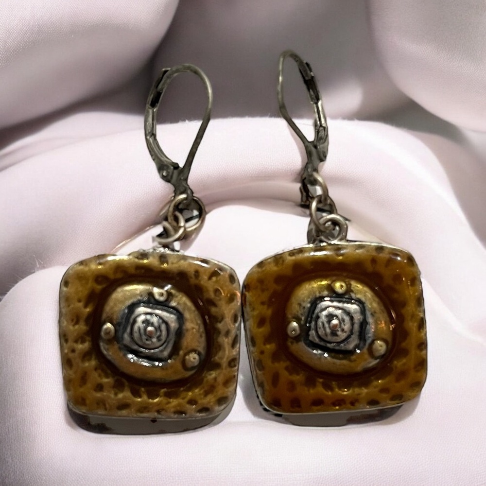 ARTISAN SQUARE BROWN ENAMELED DROP EARRINGS SILVER TONE WITH LEVER BACK HOOKS